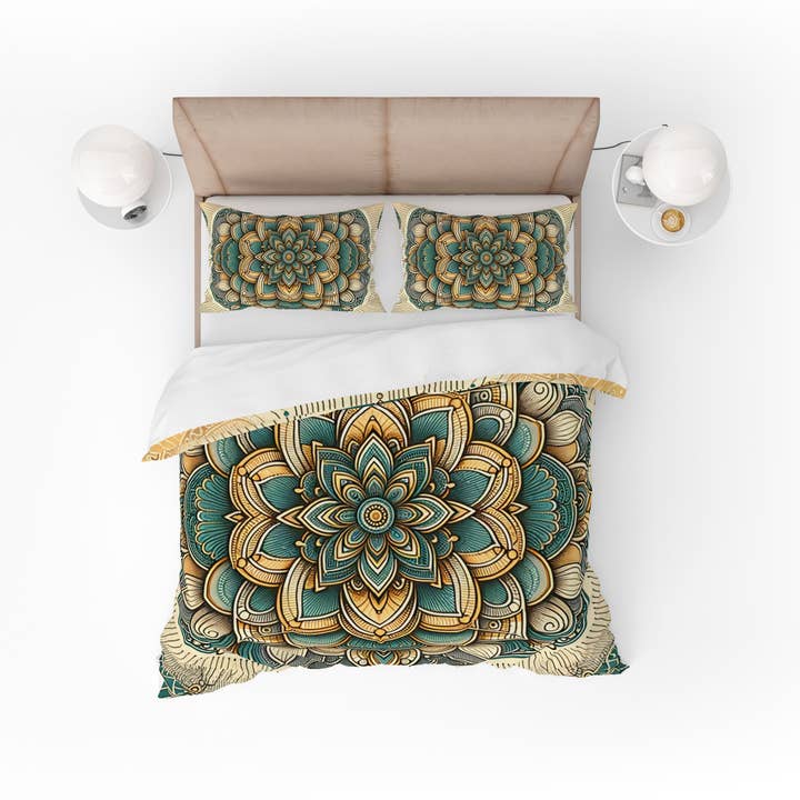 Conjunto de capa de edredão com capa de edredão reversível de mandala indiana floral dourada por atacado de Adore India