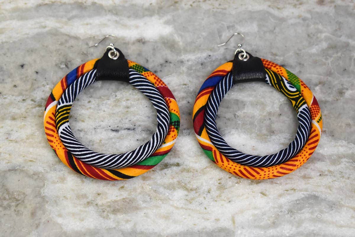 Cloth & Cord, LLC - Wholesale Dangle Earrings - Orange Kente and Blue Stripe Earring | African Hoop Earrings1