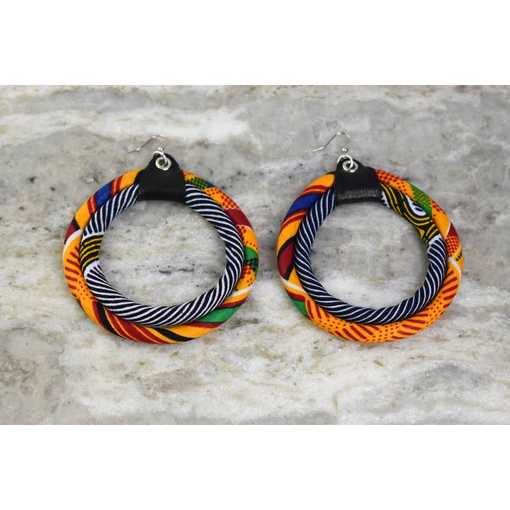 Cloth & Cord, LLC - Wholesale Dangle Earrings - Orange Kente and Blue Stripe Earring | African Hoop Earrings1