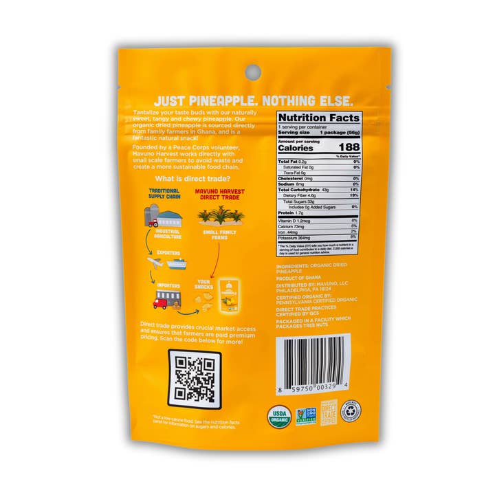 Mavuno Harvest Organics - Wholesale Dried/Dehydrated Fruit - Organic Dried Pineapple, 6-pack case