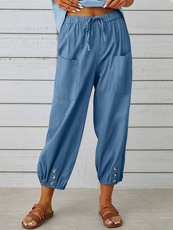 Plush Looks - Wholesale Pants - Women's - High Waisted Loose Buttoned Drawstring Elasticity Pockets Split-Joint Ninth Pants Trousers9