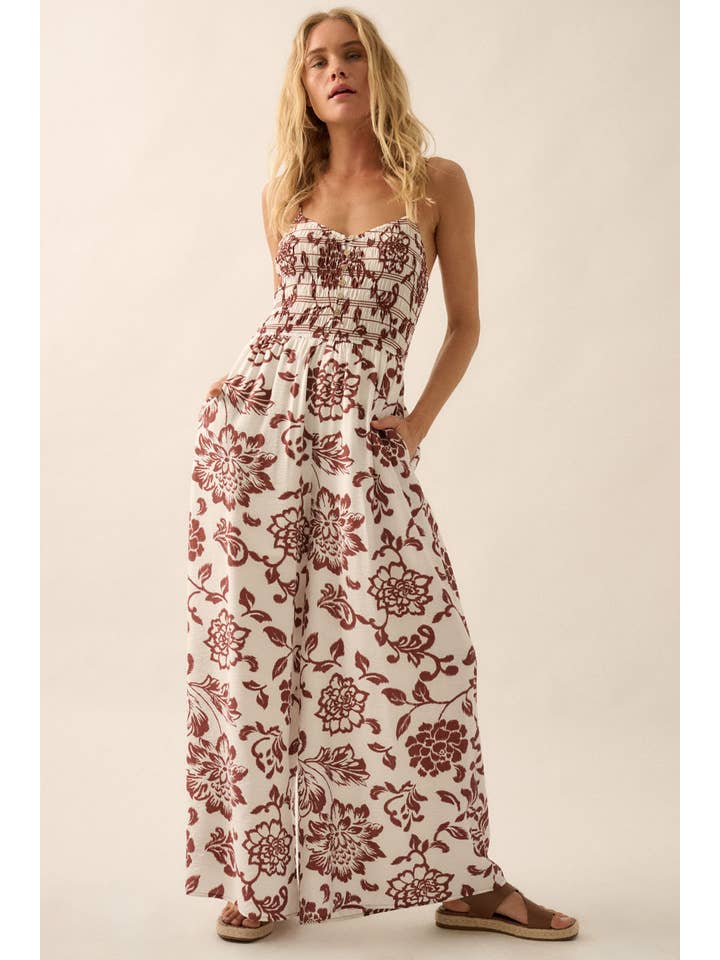 CREAM Floral Wide-Leg Smocked Button-Front Cami Jumpsuit for wholesale on Faire