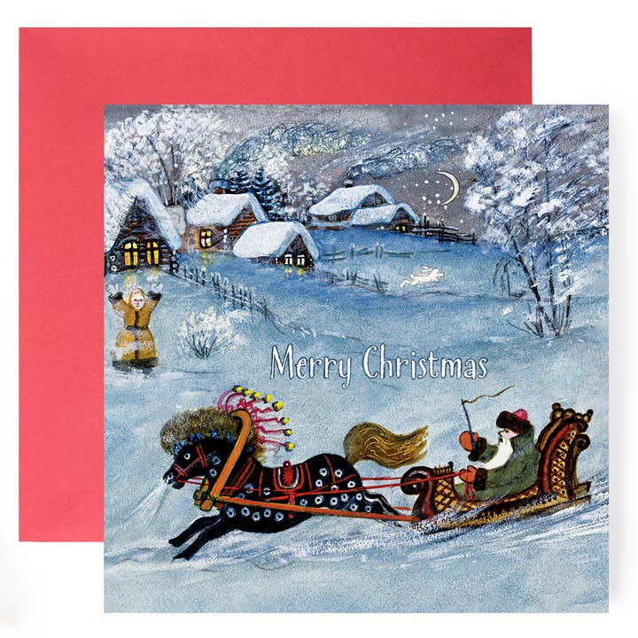 Father Christmas in a Sleigh Merry Christmas greeting card for wholesale by Kapelki Art