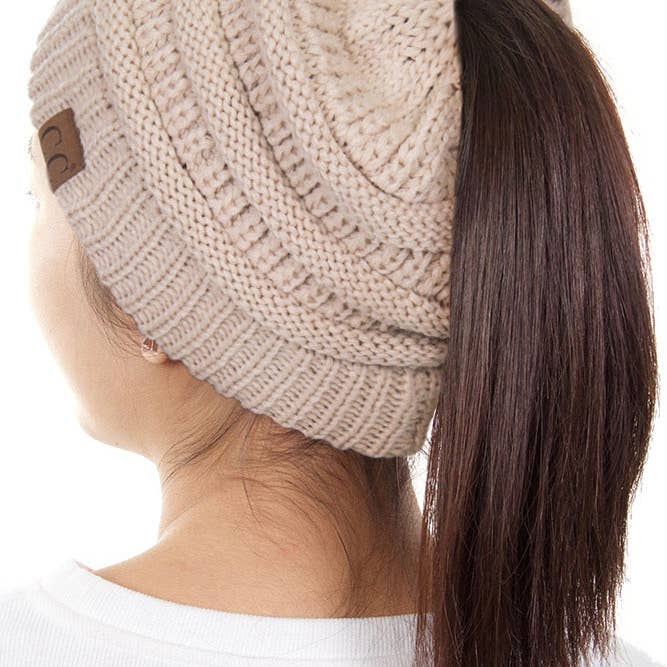 Hana - Wholesale Beanie – Women's - C.C Solid Color Ponytail Messy Bun Beanie