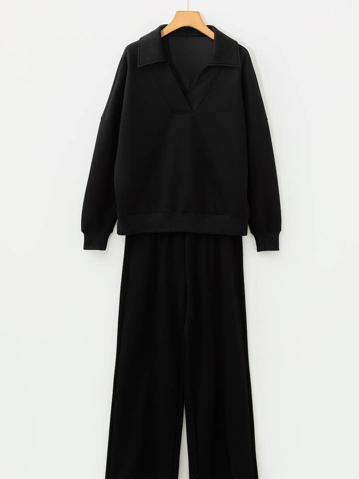 Solid Collared V-Neck Sweatshirt & Sweatpants Set for wholesale by PRETTY BASH