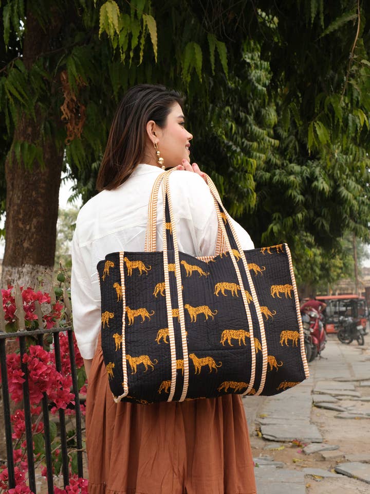 Black Cheetah Block Print Tote for wholesale by Cosy Buddha