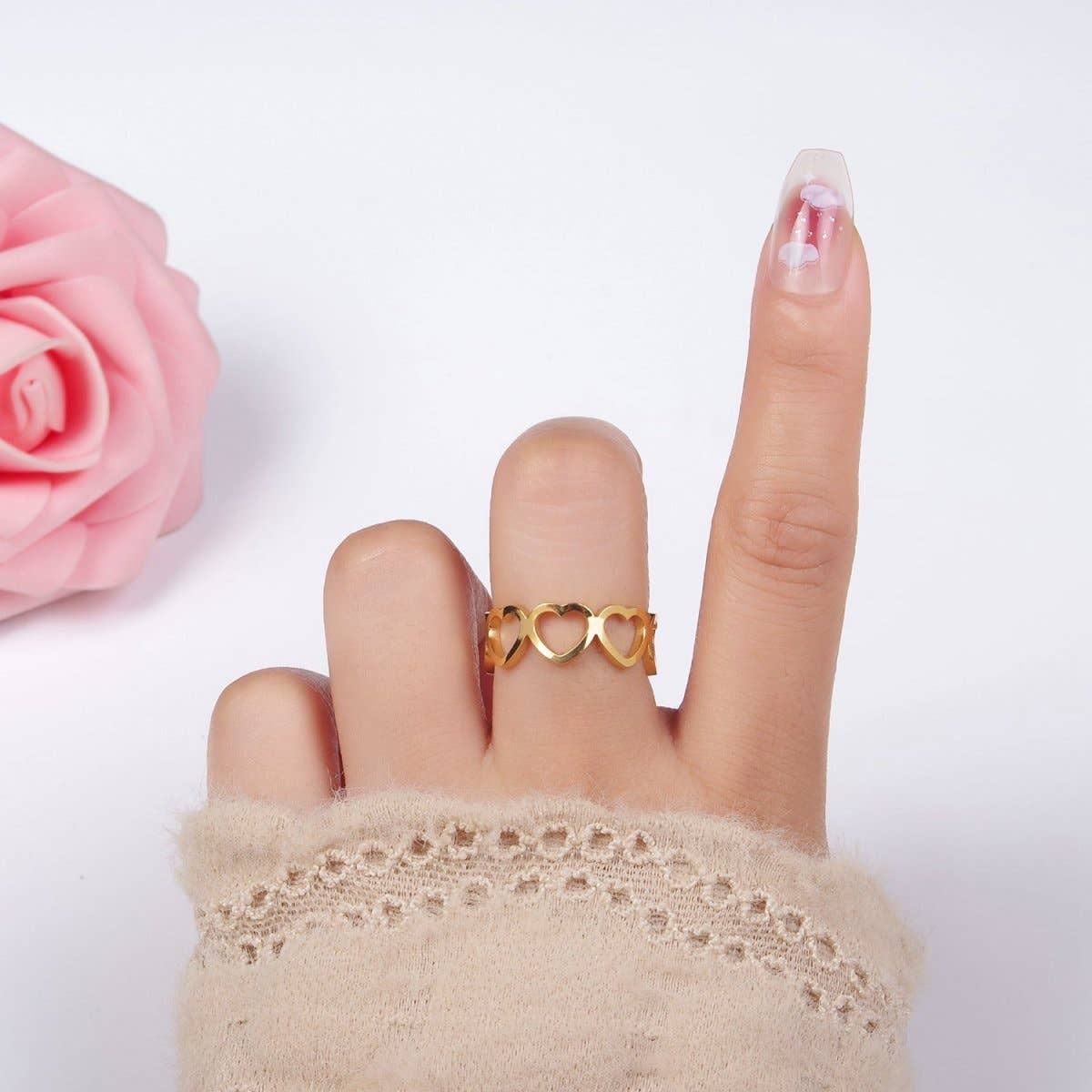 Aim Eternal - Wholesale Band/Stacked Ring - Gold Stainless Steel Open Heart Love Adjustable Ring | O8814