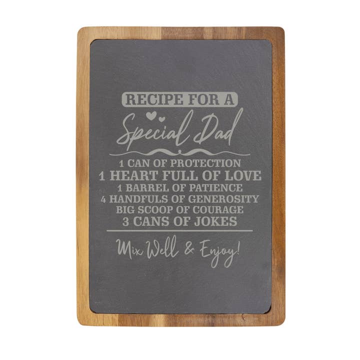 Recette pour une planche à découper en bois d'acacia et ardoise spéciale papa pour la vente par Beach, Cats & Wine