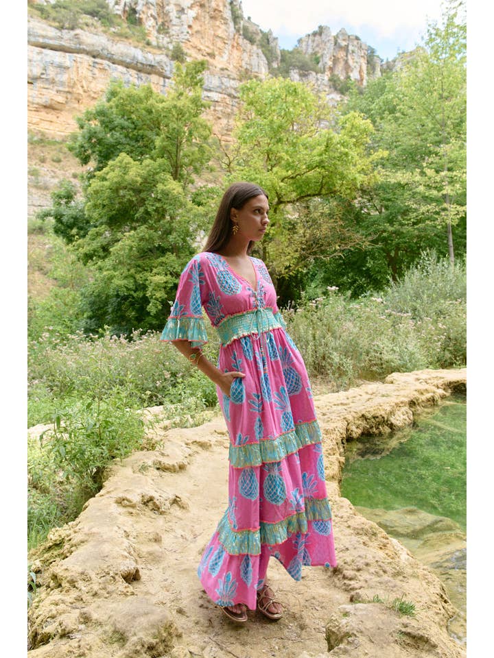 Piti Cuiti - Wholesale Dress - Women's - PINK PINEAPPLE LONG DRESS WITH LONG SLEEVES