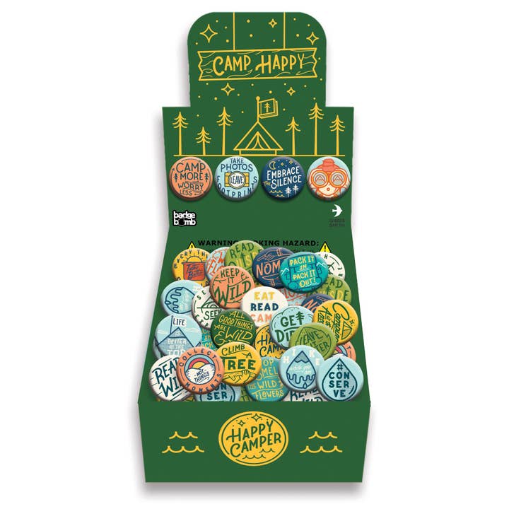 Gibbs Smith - Wholesale Retailer Display - Paper & Novelty - Camp Happy Button Box - counter display
