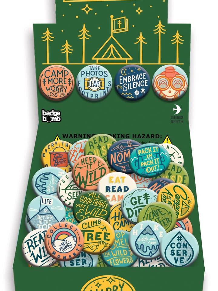 Camp Happy Button Box - counter display for wholesale by Gibbs Smith