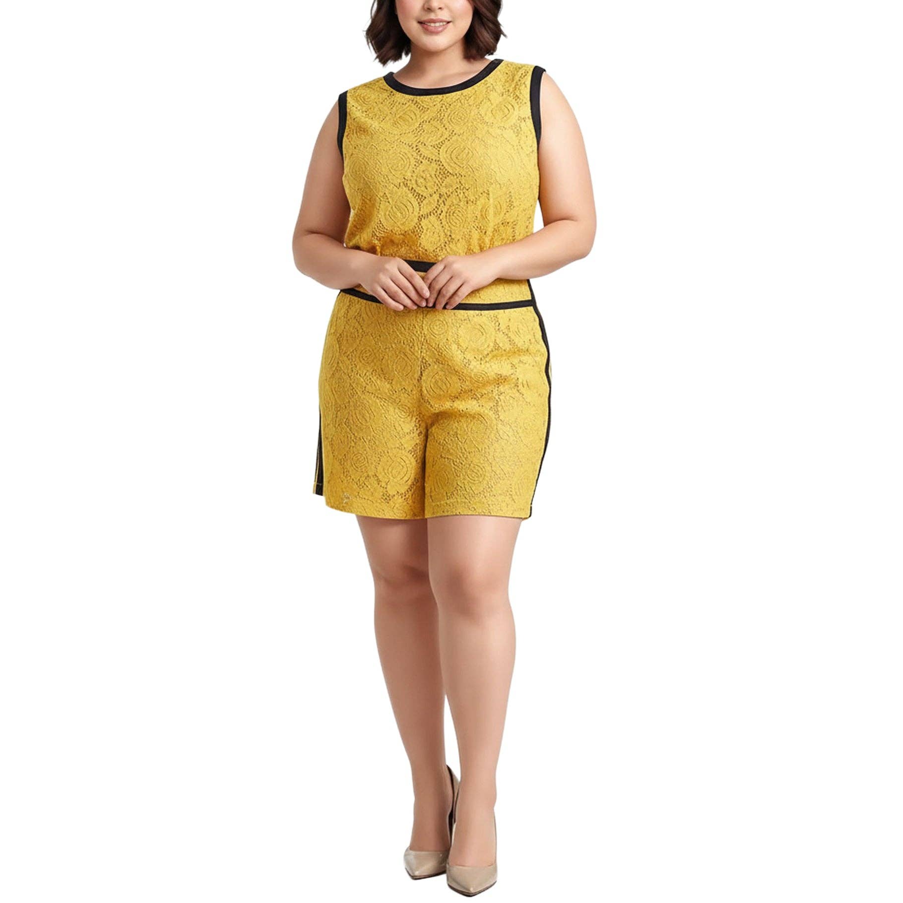 Robin K – Calções – Mulher por atacado – Shorts plus size femininos com renda floral em amarelo mostarda0