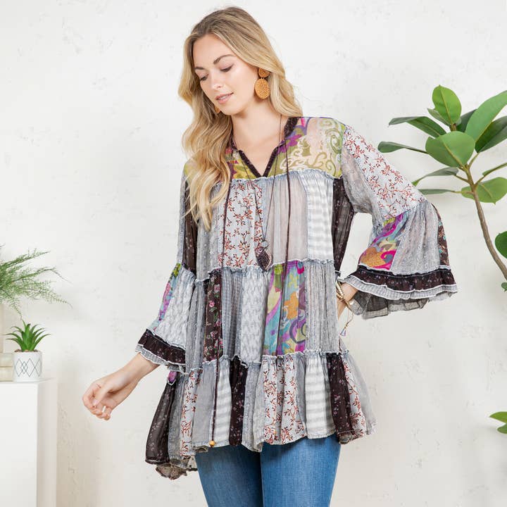 Young Threads - Wholesale Blouse - Women's - Chic Overdyed Band Collar Jhabla Top