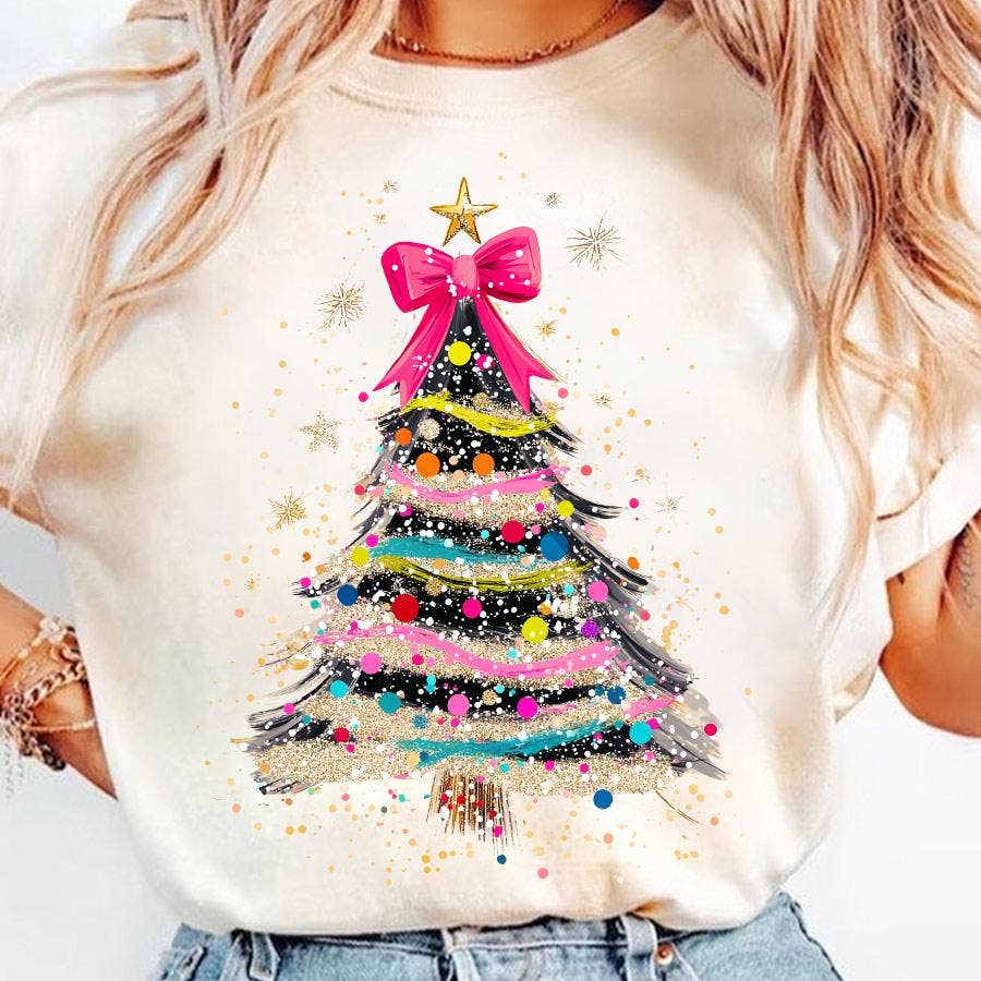 NVC Ecommerce LLC - Wholesale T-Shirt (Graphic) - Women's - Coquette Glitter Christmas Tree Sweater, Merry Xmas Shirt0
