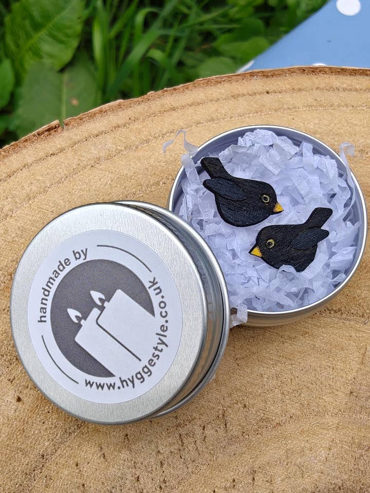 Handpainted Birch Blackbird Stud Earrings with Gift Tin for wholesale by Hyggestyle
