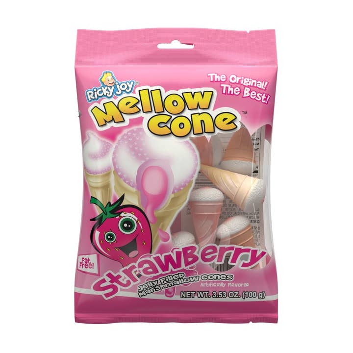 Ricky Joy Mellow Cones met aardbeiengelei gevulde marshmallowkegels 3,53oz - 18kt voor wholesale door I Got Your Candy