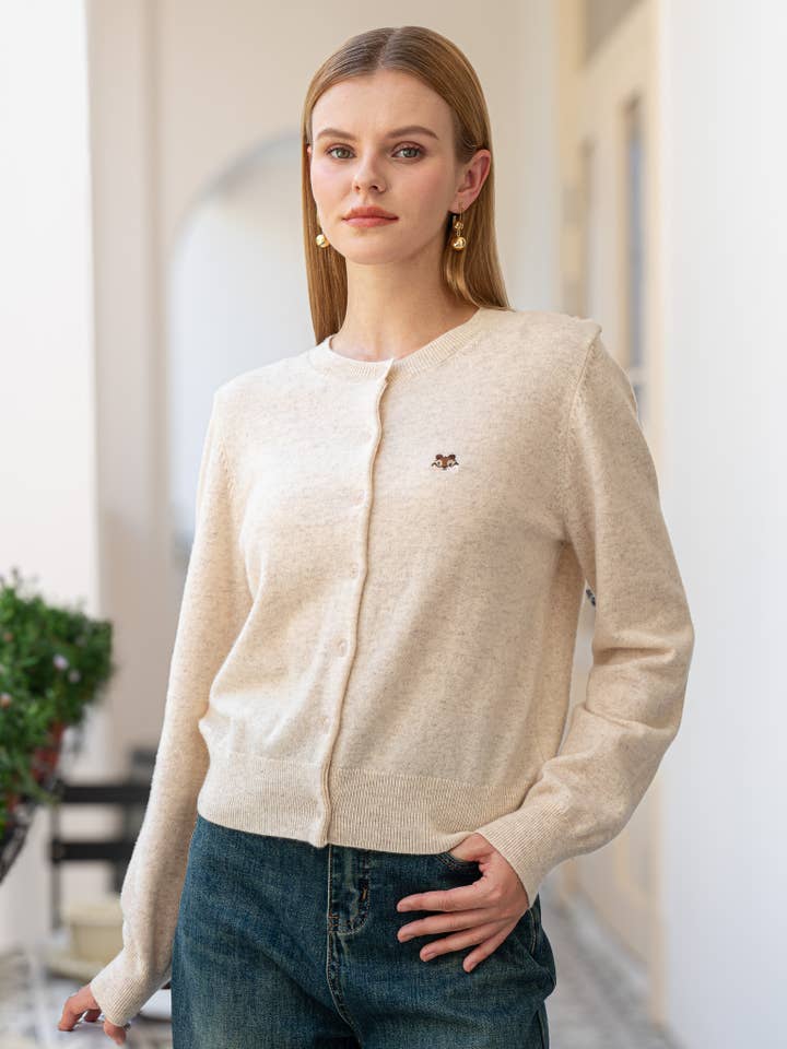 ROSIE POSIE - Wholesale Cardigan - Women's - 100% Wool Beige Cardigan with Squirrel Motif