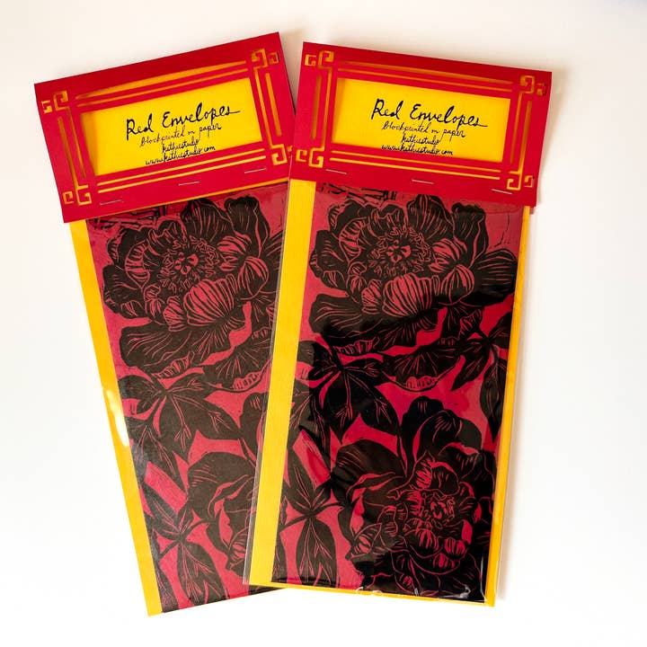 Buste Rosse stampate a mano Peonia per la vendita all'ingrosso da parte di Kathie Studio