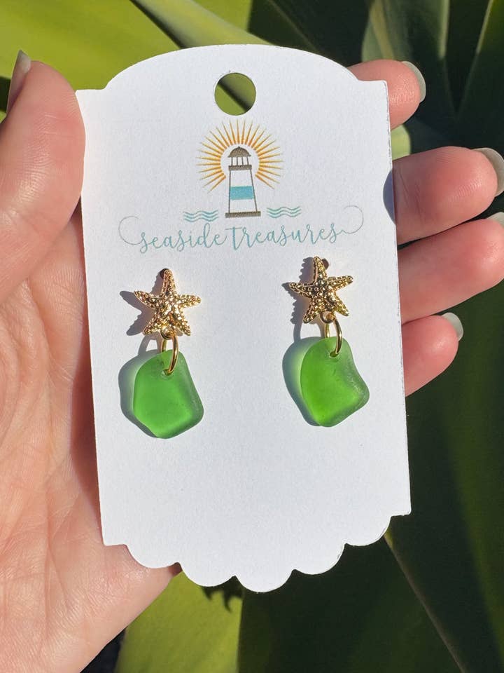 Genuine Sea Glass Brass Starfish Earrings for wholesale by Seaside treasures