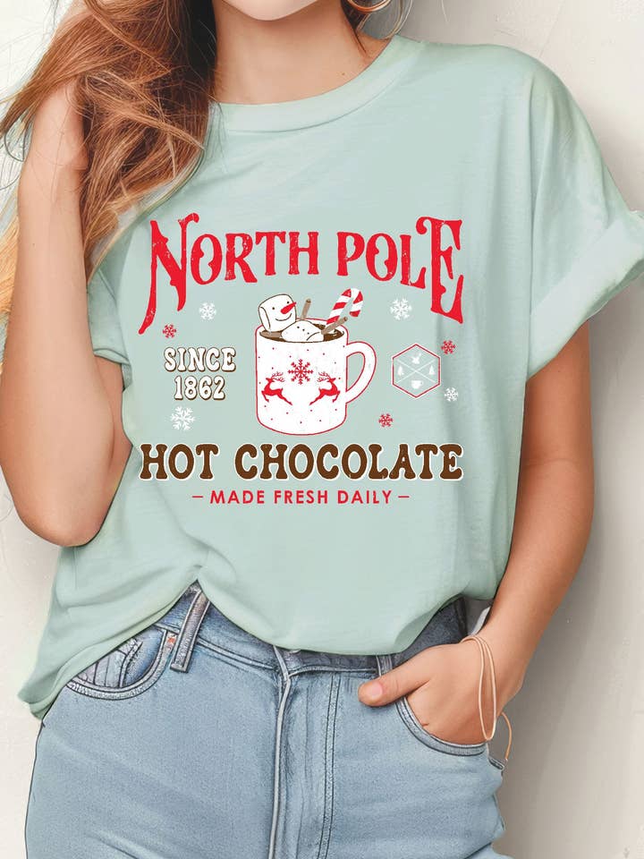NORTH POLE HOT CHOCOLATE GRAPHIC TSHIRTS for wholesale by Rustee Clothing