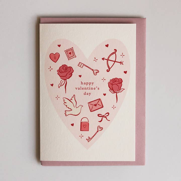 Carte de vœux en forme de cœur avec icônes de la Saint-Valentin pour la vente par Ella Rose Studio