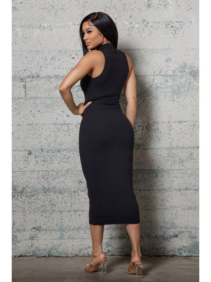 BLACK MOCK NECK DOUBLE LAYER FITTED MIDI DRESS for wholesale on Faire