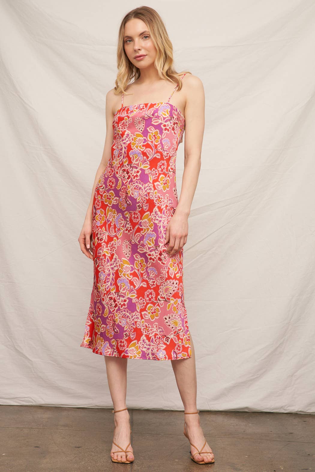 Pink Multi Sleeveless Floral Satin Midi Dress  for wholesale on Faire0