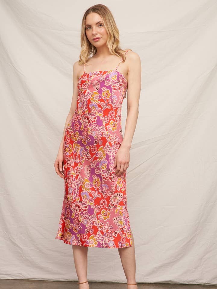 Pink Multi Sleeveless Floral Satin Midi Dress for wholesale on Faire0