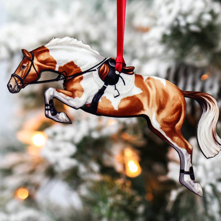 Jumping Horse Ornament -Chestnut/White Tobiano Hunter Jumper for wholesale by Classy Equine