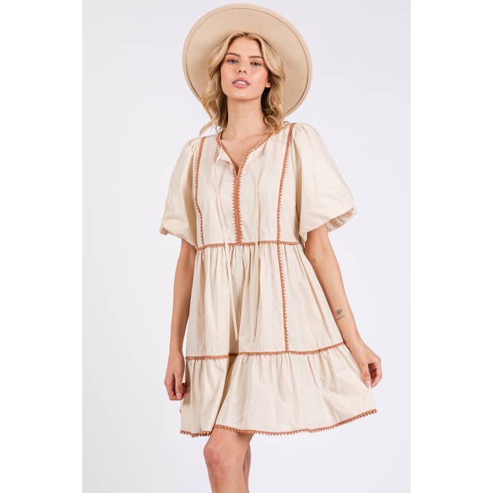 Beige RUSTIC TIERED PRAIRIE MINI DRESS (SD7694) for wholesale on Faire7