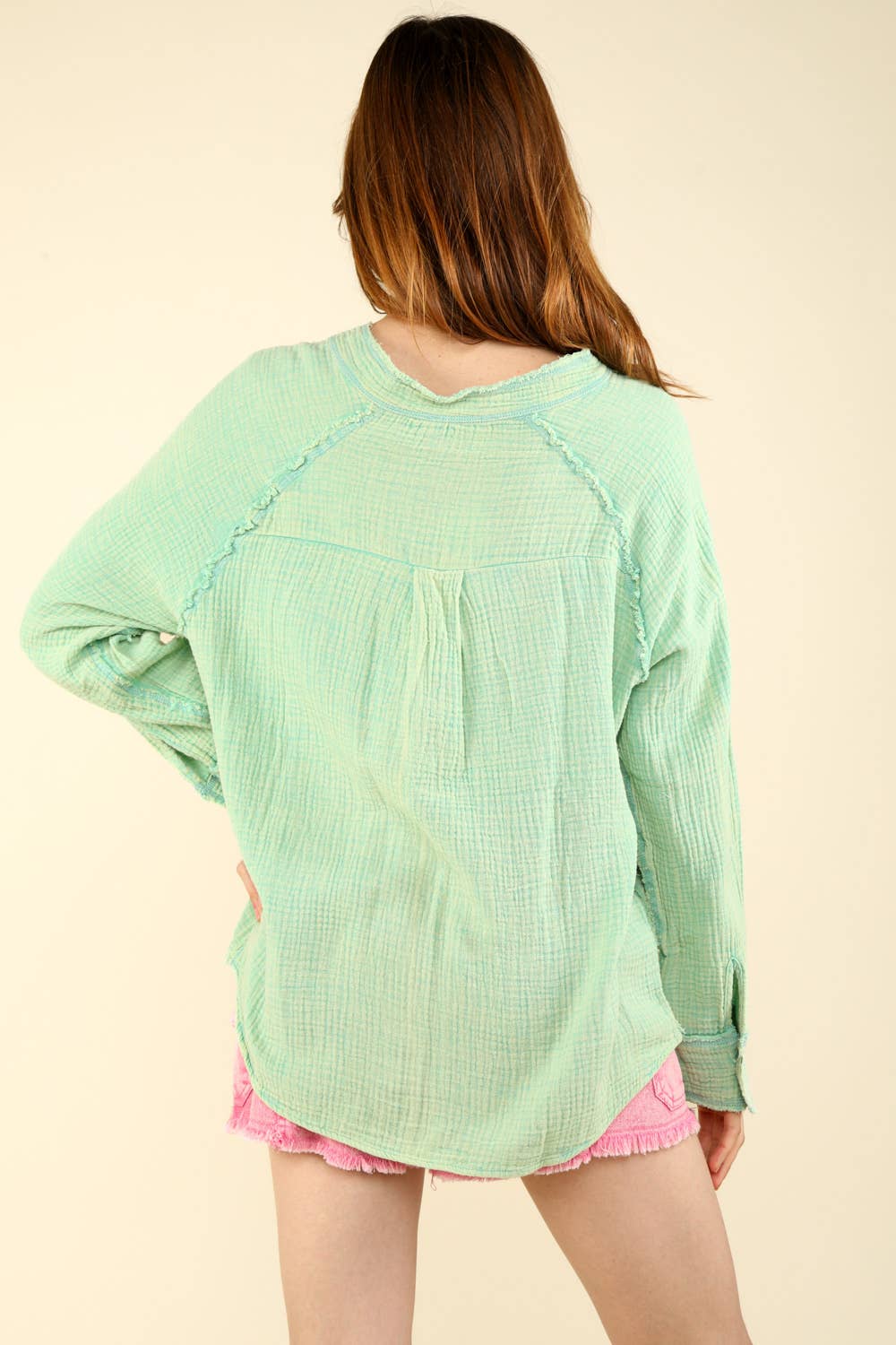 VERY J - Wholesale Button Down Shirt - Women's - NT11350-Oversized Washed Woven Crinkled Gauze Shirt Top14