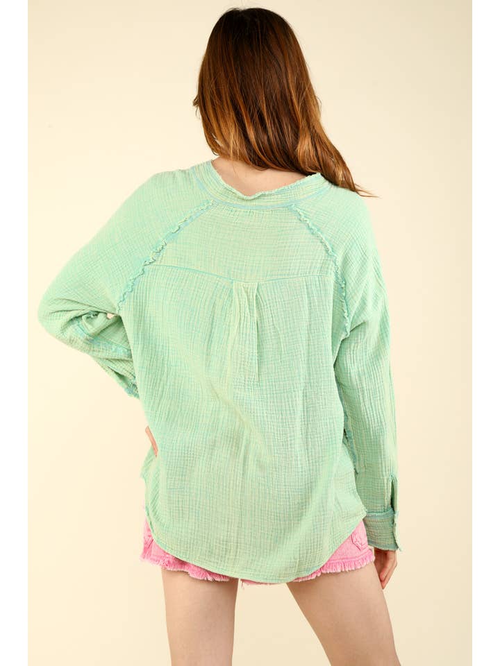 VERY J - Wholesale Button Down Shirt - Women's - NT11350-Oversized Washed Woven Crinkled Gauze Shirt Top14