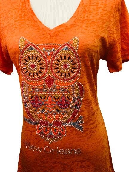Camiseta Rhinestone Owl Orange Burnout para venta al por mayor de Mardi Gras Creations