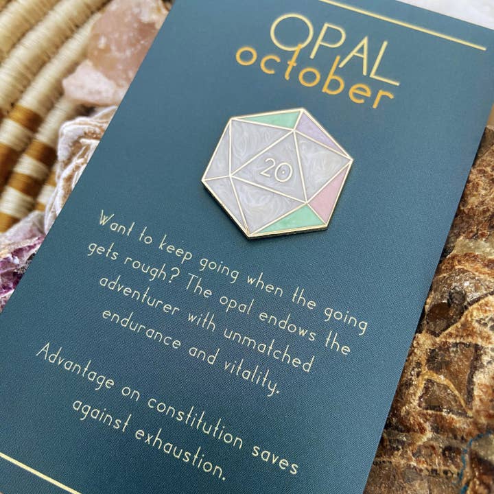 Storymakers Trading Co. - Wholesale Lapel Pin/Button - Opal d20 - October birthstone - D&D/RPG enamel pin