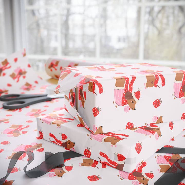 Lokipawz - Wholesale Flat Wrap - Dachshund Through the Snow – Cozy Pup Christmas Wrapping Paper4