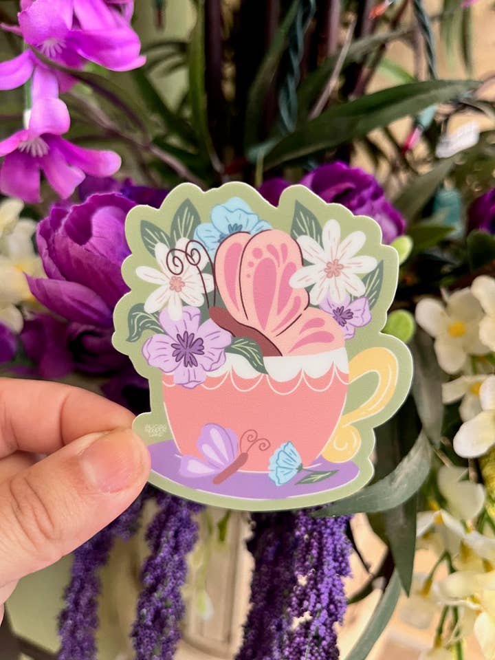 Butterfly Teacup Sticker | 3" Waterproof Sticker for wholesale by Alicia's Wonderland