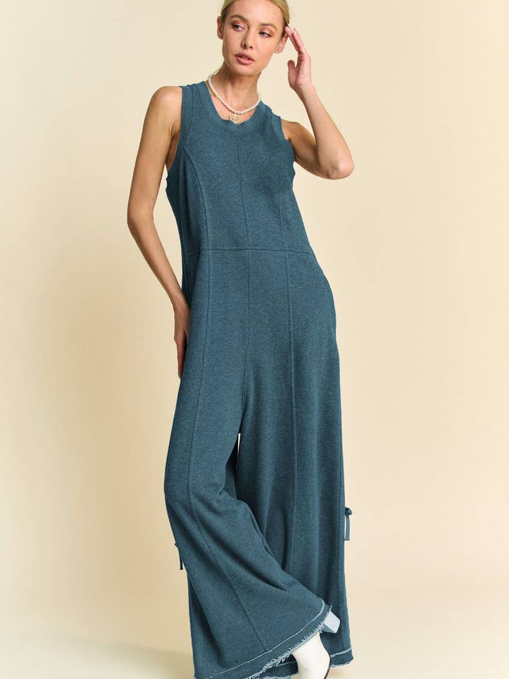 Davi & Dani - Wholesale Jumpsuit - Women's - RIBBED CONTRAST RUCHED SIDE SEAM FRENCH JUMPSUIT
