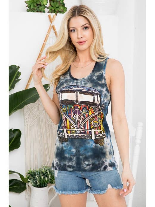 Hippie Volkswagen Print Tie-dye Tank Top (TH-1605) for wholesale by Kathmandu Imports