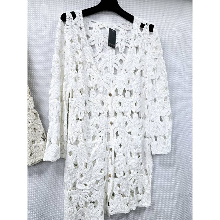 Kurt Muller - Wholesale Cardigan - Women's - Long Crochet Cotton 2 Pocket Cardigan