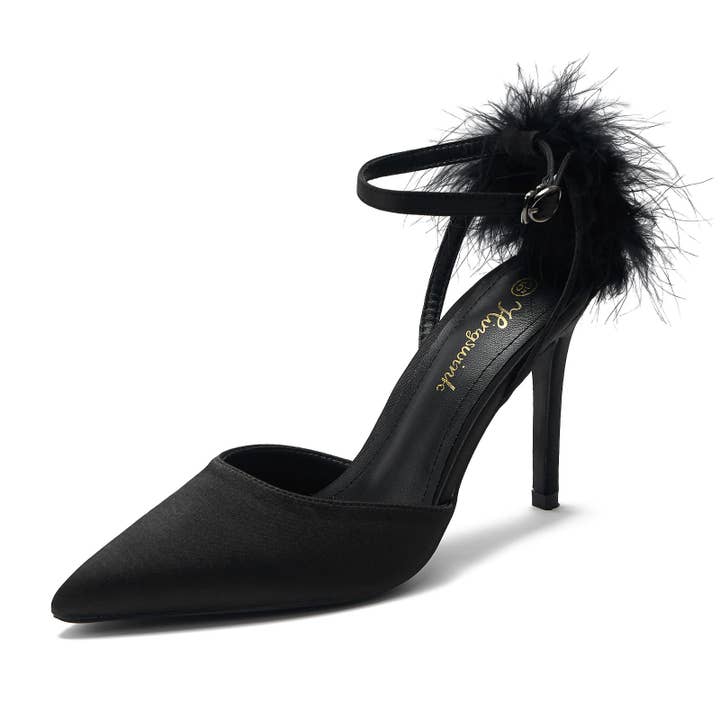 Women's Fluffy Feather Stiletto Heels Sandals Shoes, Black for wholesale by potiful