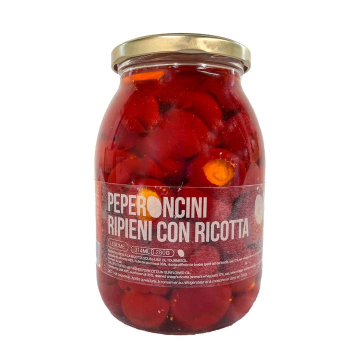 OLIO DI SERRA – wholesale Konserverade grönsaker – Fyllda peperoncini med ricotta - Fyllda paprikor med lagrad ricotta (990g)