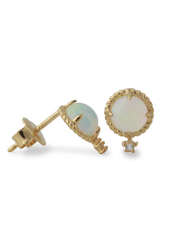 Silver stud earrings with 6mm opal (Ethiopia) & 1.5mm topaz, 18ct gold-plated for wholesale by Campur GmbH