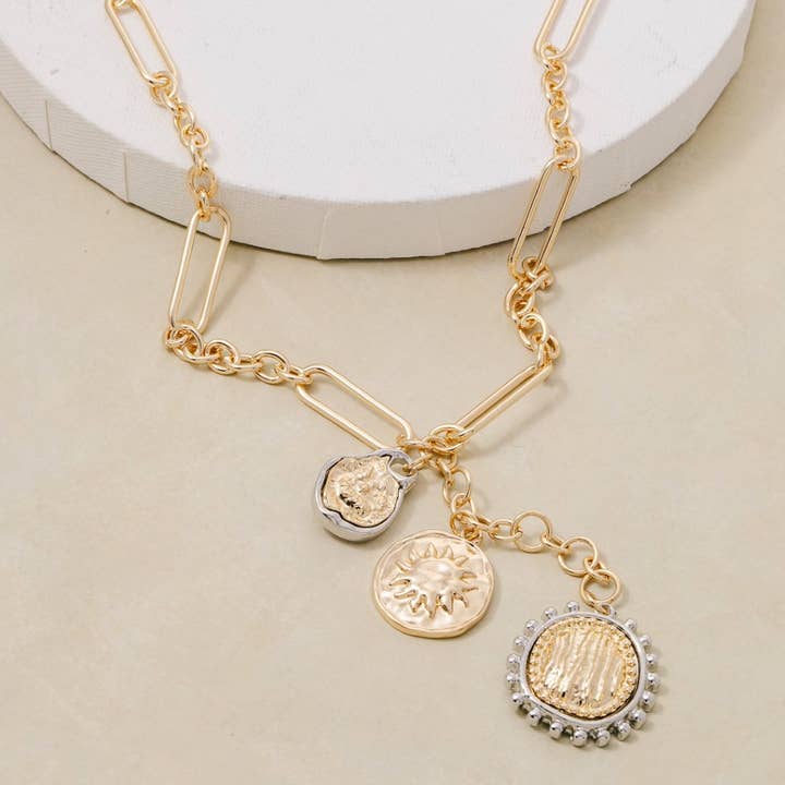 Two Tone Multi Coin Charms Y Chain Necklace for wholesale by The Looks by Fame Accessories