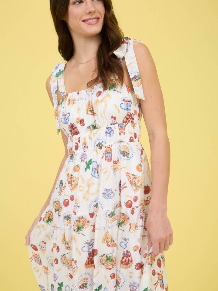 OFF WHITE MULTI TEA TIME PRINT TIE STRAP MIDI DRESS for wholesale on Faire