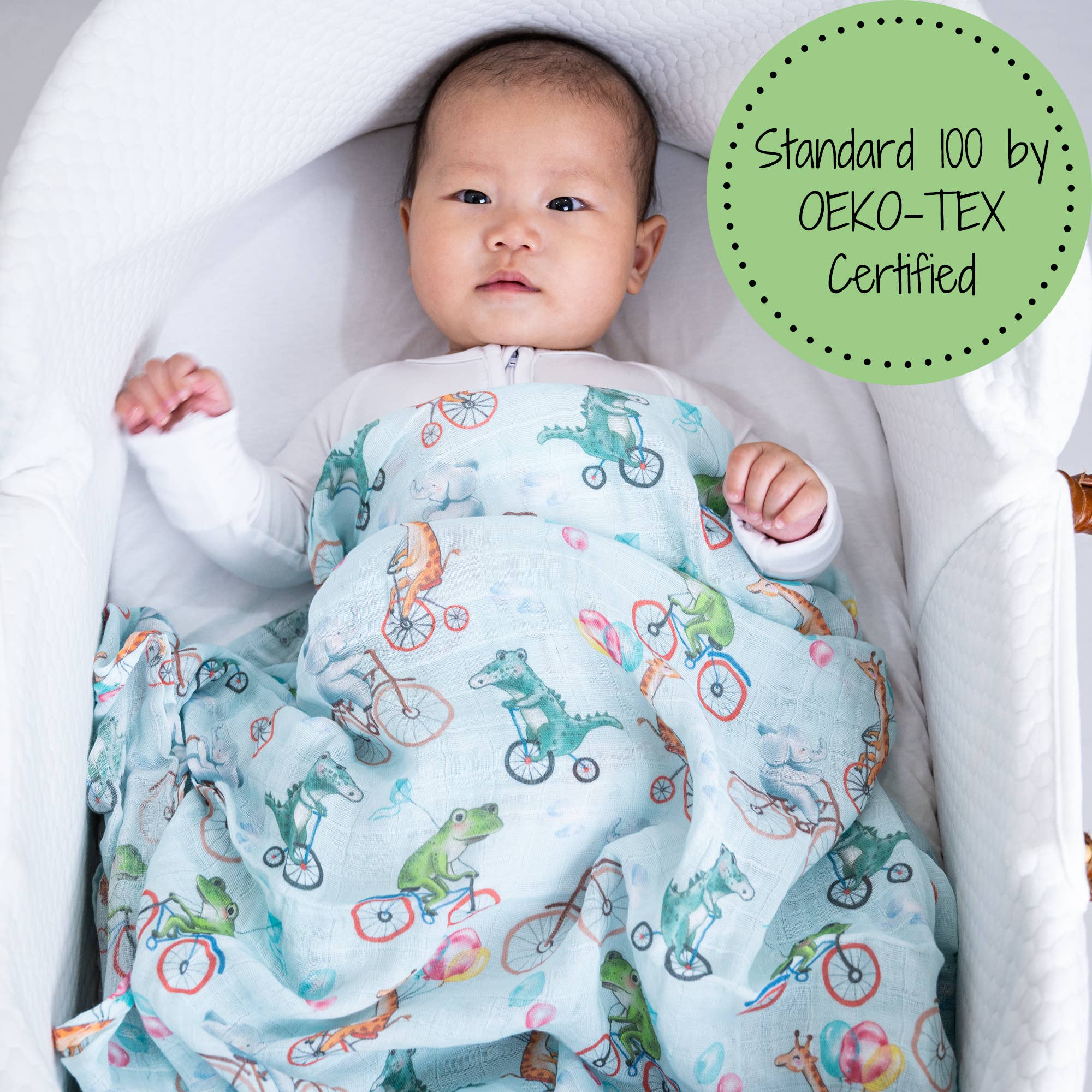 LollyBanks – wholesale Swaddle – Baby – Animals on Bike Baby 100% Cotton Muslin Swaddle Blanket3