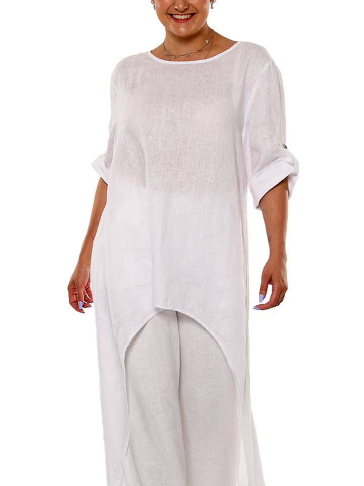 Tunique en lin 100 % pour femmes à manches retroussables LLWD2079-A pour la vente par Azucar & Bohio