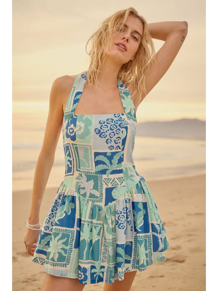 AQUA BLUE Tropical Floral-Print Halter Drop-Waist Mini Dress for wholesale on Faire