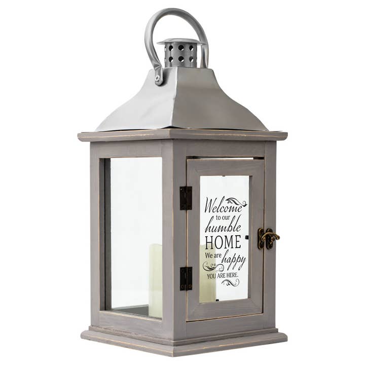 WELCOME TO OUR HUMBLE HOME GREY LANTERN for wholesale by Cottage Garden