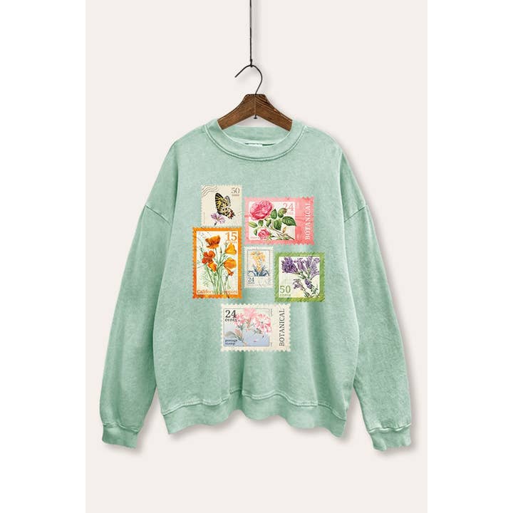 VINTAGE POINT USA - Wholesale Graphic Sweatshirt - Women's - VINTAGE POSTAGE STAMPS GRAPHIC MINERAL WASH SWEATSHIRT