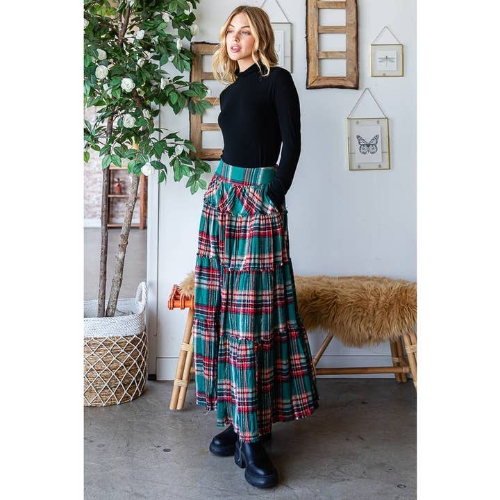 Oli&Hali - Wholesale Skirt - Women's - MINERAL WASHED PLAID TIERED MAXI SKIRT